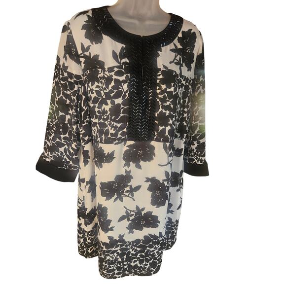 Michael Kors Floral Sequin Sheath Dress Black White 3/4 Sheer Sleeve Sz 14 - Picture 4 of 10